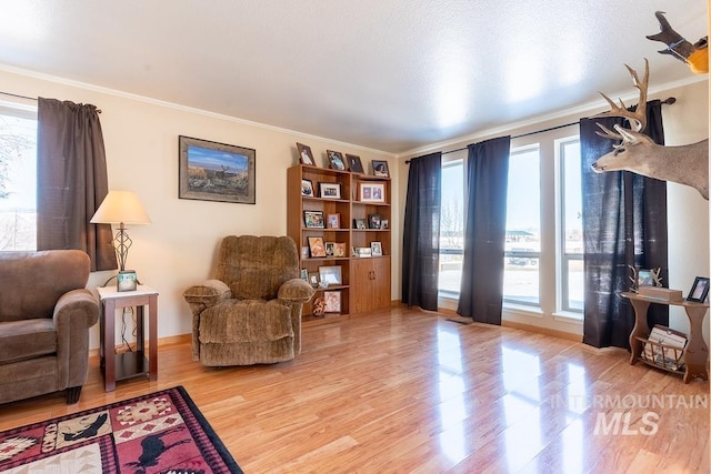 living area featuring wood finished floors and ornamental molding