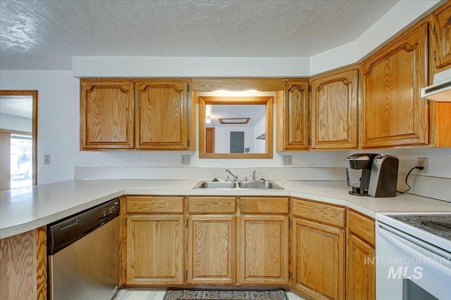 kitchen featuring a sink, a textured ceiling, light countertops, and stainless steel dishwasher