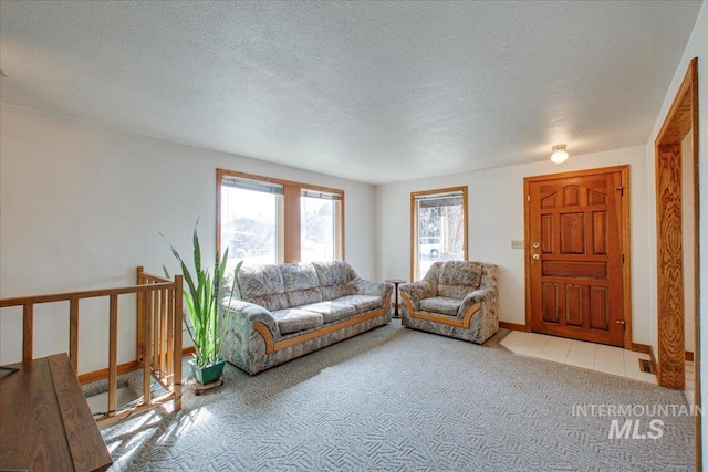 living room featuring a textured ceiling, baseboards, and carpet floors