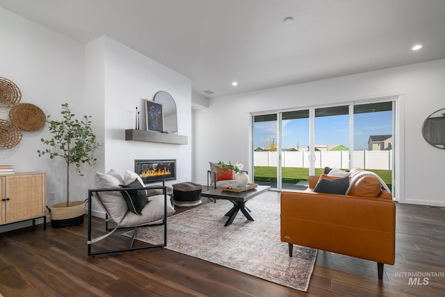 living room with dark hardwood / wood-style floors