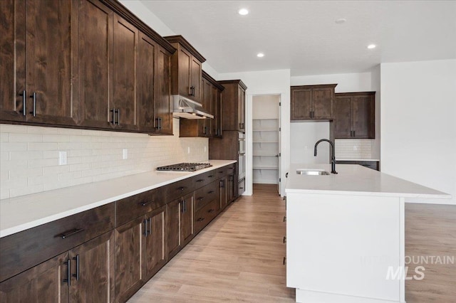 6139 W Burnt Sage Dr, Meridian, ID 83646 - kitchen with tasteful backsplash, light wood-type flooring, stainless steel gas stovetop, under cabinet range hood, and a sink