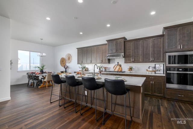 6139 W Burnt Sage Dr, Meridian, ID 83646 - kitchen featuring tasteful backsplash, a breakfast bar, dark wood-style floors, under cabinet range hood, and appliances with stainless steel finishes
