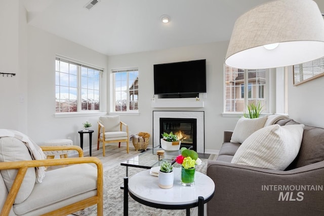 5158 S Surprise Way, Boise, ID 83716 - living area with wood finished floors, a glass covered fireplace, and baseboards