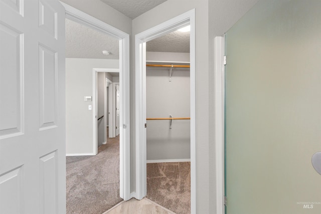 interior space with baseboards, carpet, and a textured ceiling