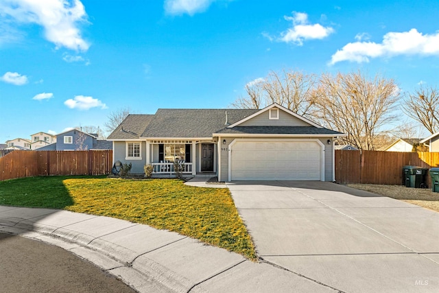 single story home featuring a porch, a garage, fence, driveway, and a front lawn