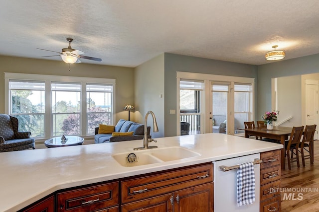 16089 N Basin Way, Boise, ID 83714 - kitchen with a sink, dishwasher, open floor plan, a ceiling fan, and light wood-type flooring