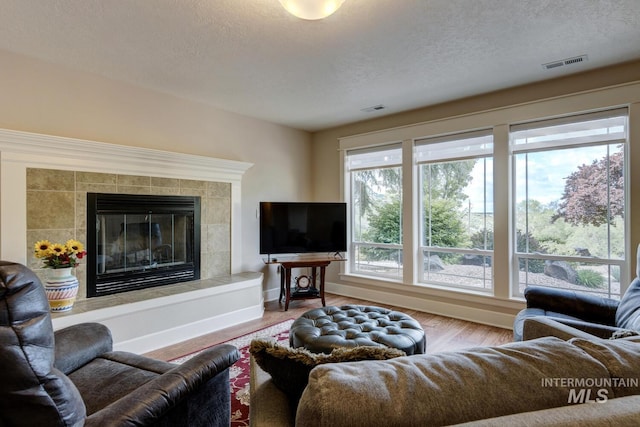 16089 N Basin Way, Boise, ID 83714 - living area featuring a textured ceiling, baseboards, wood finished floors, and a tiled fireplace