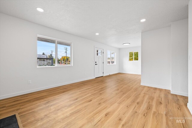 empty room with light hardwood / wood-style floors, a healthy amount of sunlight, and a textured ceiling