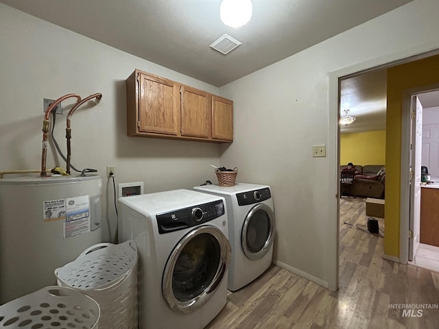 1585 Woodside Rd, Winchester, ID 83555 - laundry room featuring electric water heater, cabinet space, light wood finished floors, baseboards, and independent washer and dryer