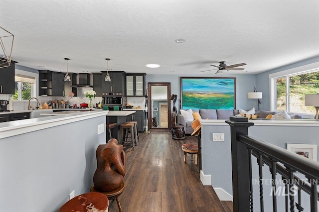 living room with ceiling fan, dark hardwood / wood-style flooring, and a textured ceiling