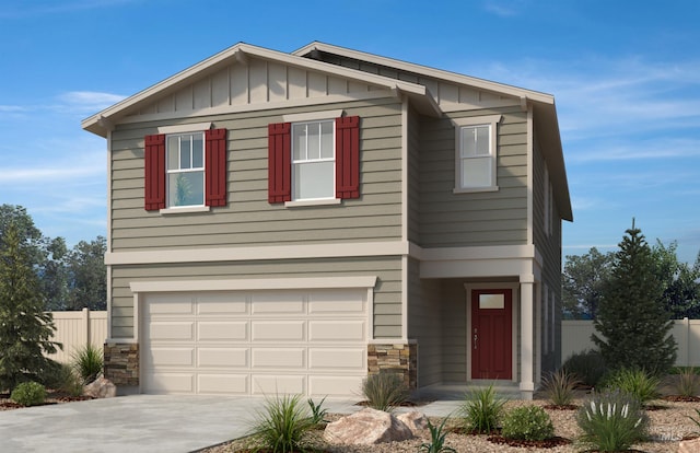 724 N Tessa Ave, Meridian, ID 83642 - view of front of property with an attached garage, stone siding, board and batten siding, and concrete driveway
