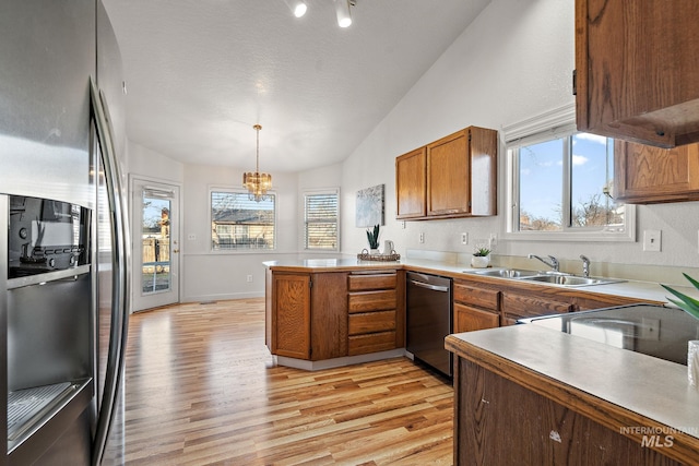 kitchen featuring lofted ceiling, hanging light fixtures, light hardwood / wood-style flooring, appliances with stainless steel finishes, and a chandelier