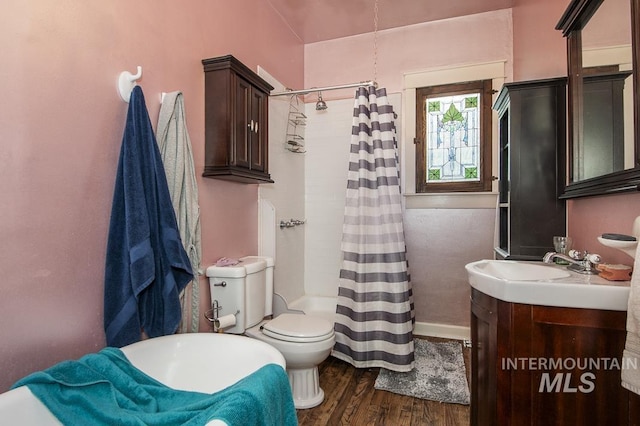 bathroom with hardwood / wood-style flooring, vanity, a shower with shower curtain, and toilet