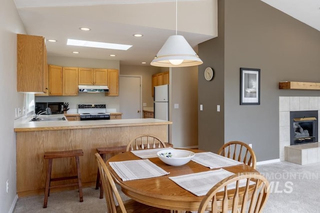 943 Colt Rd, Moscow, ID 83843 - dining room with light carpet, baseboards, recessed lighting, and a tile fireplace