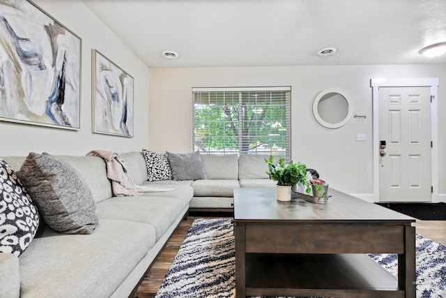 living room featuring dark wood-type flooring