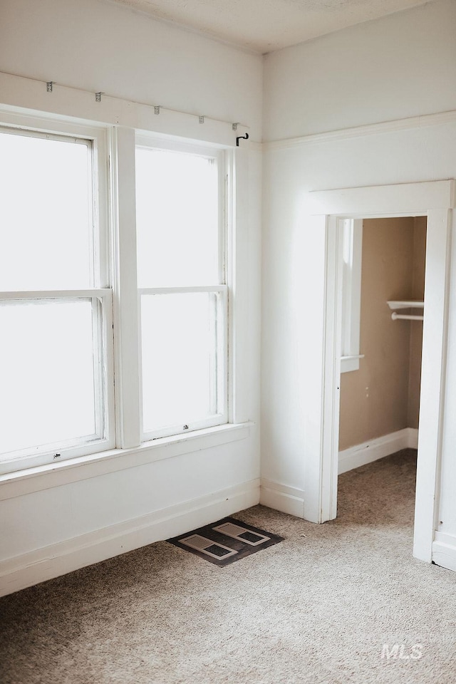unfurnished bedroom with multiple windows, a walk in closet, and carpet floors