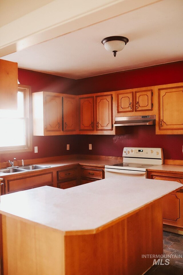 kitchen with sink, a kitchen island, and white electric range oven