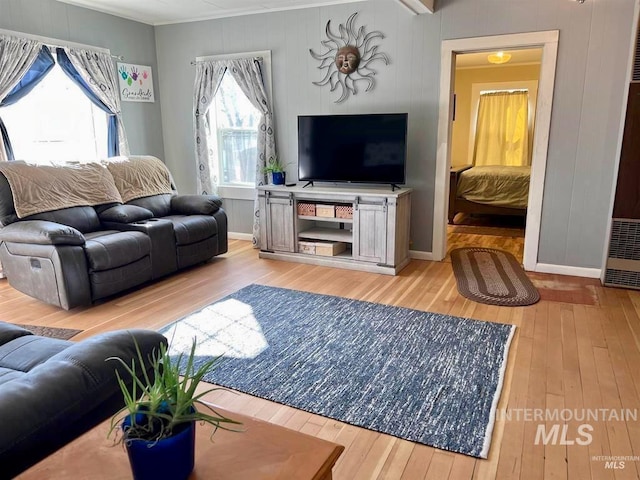 living room featuring ornamental molding and light wood-type flooring