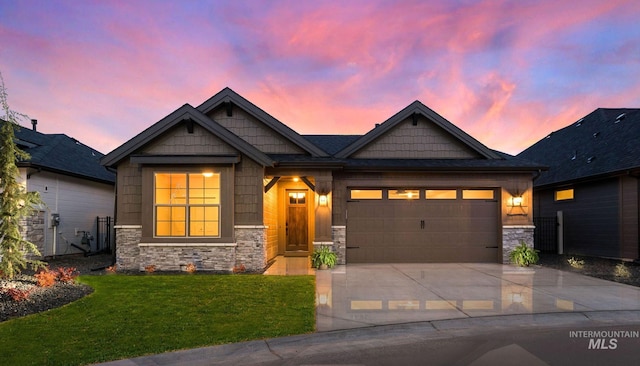 2493 E Galleon Ln, Meridian, ID 83642 - craftsman inspired home featuring stone siding, a yard, concrete driveway, and an attached garage