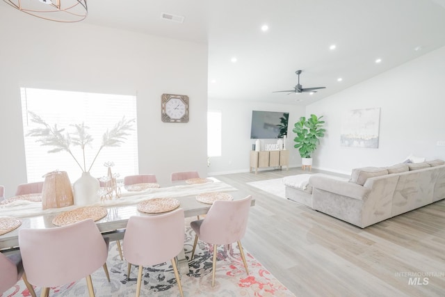 6073 W Mikonos St, Meridian, ID 83646 - dining space with light wood-type flooring, recessed lighting, vaulted ceiling, a ceiling fan, and baseboards