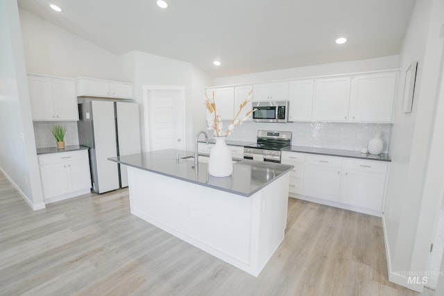6073 W Mikonos St, Meridian, ID 83646 - kitchen featuring appliances with stainless steel finishes, white cabinets, decorative backsplash, a sink, and recessed lighting