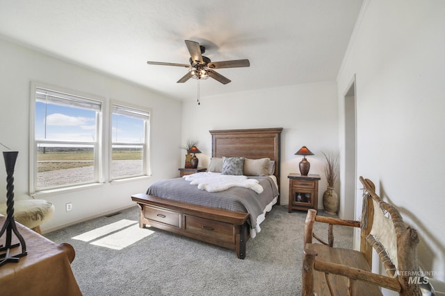 bedroom featuring ceiling fan, carpet flooring, and visible vents