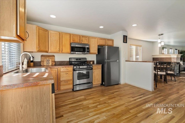 kitchen featuring light wood-style floors, a sink, recessed lighting, and stainless steel appliances