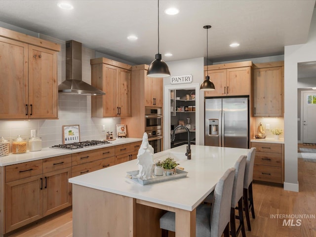 kitchen featuring appliances with stainless steel finishes, wall chimney exhaust hood, a sink, light wood finished floors, and decorative backsplash