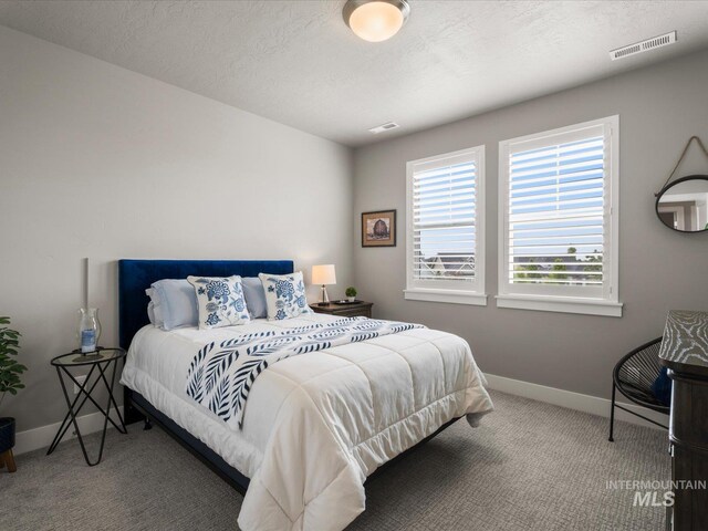 carpeted bedroom with baseboards and a textured ceiling
