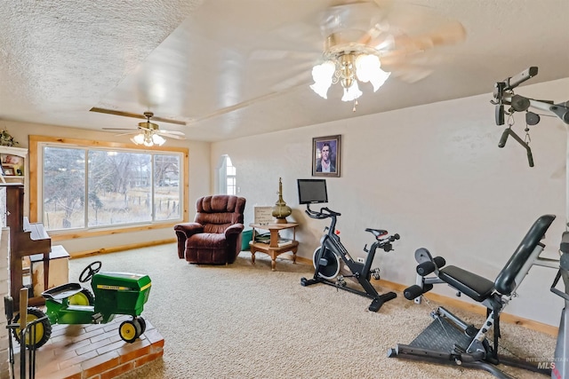 exercise area with carpet, a wealth of natural light, and ceiling fan