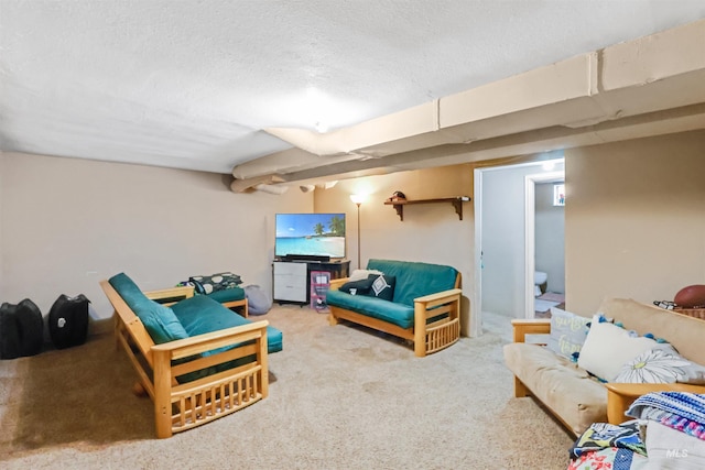 living room with carpet and a textured ceiling