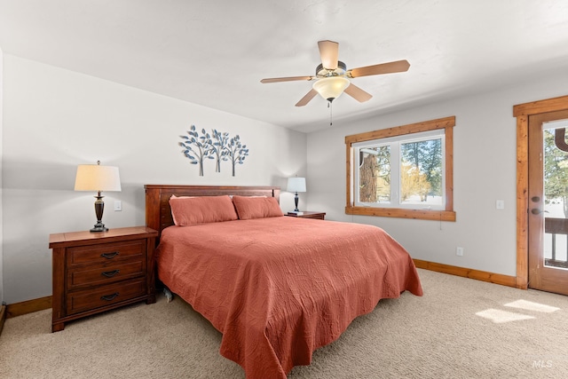 bedroom with light carpet, access to outside, a ceiling fan, and baseboards