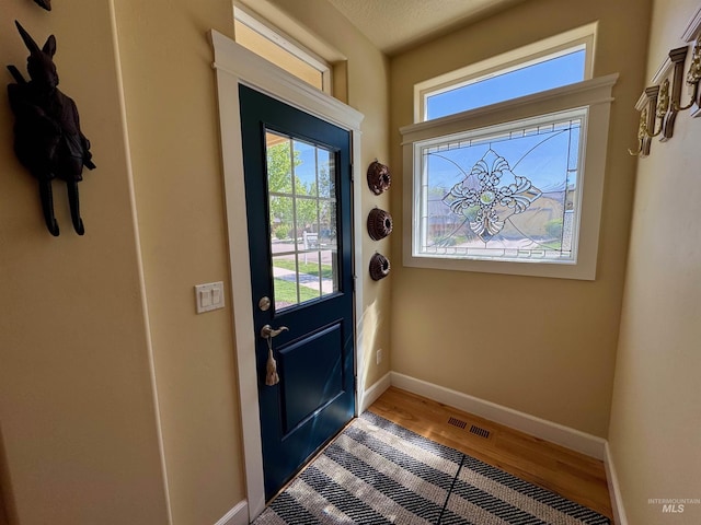 entryway featuring visible vents, baseboards, and wood finished floors