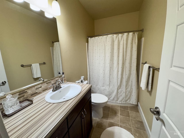bathroom featuring a shower with curtain, decorative backsplash, vanity, tile patterned floors, and toilet