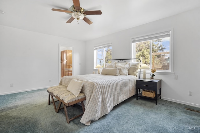 bedroom featuring visible vents, ceiling fan, baseboards, and carpet