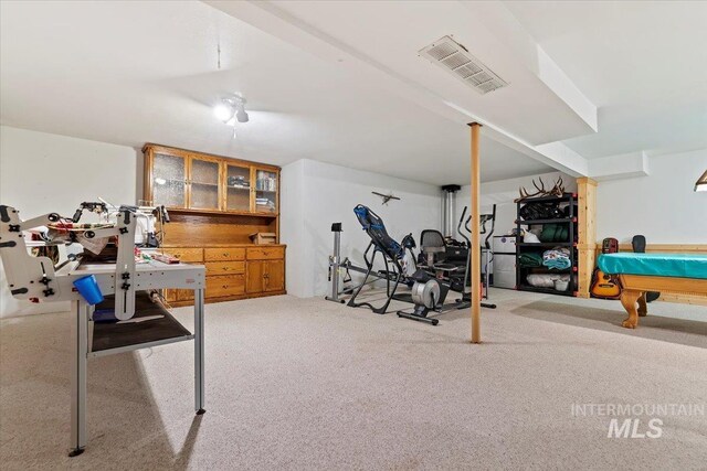 rec room with billiards, visible vents, and carpet flooring