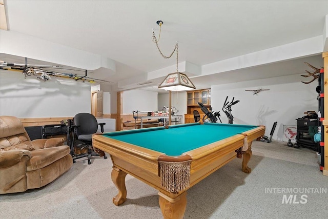 recreation room featuring carpet flooring and billiards