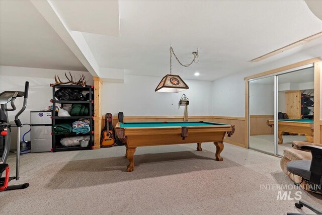 game room with carpet, a wainscoted wall, and billiards