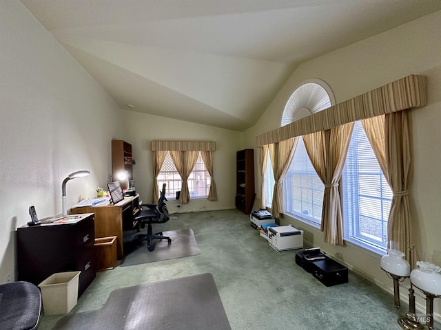 office with lofted ceiling, a healthy amount of sunlight, and carpet floors