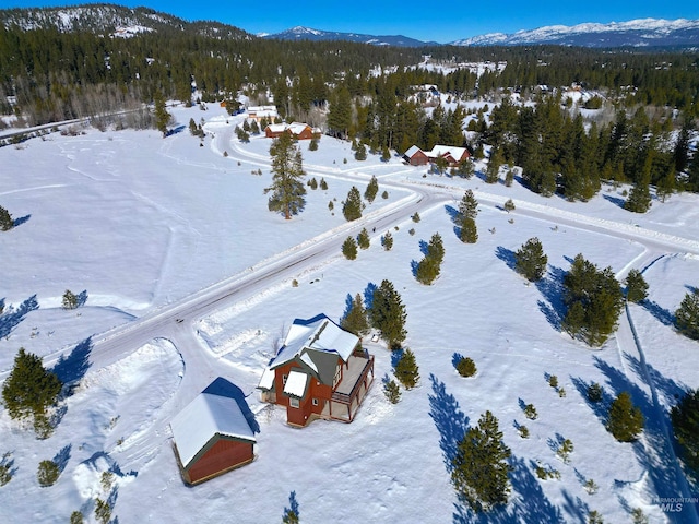 snowy aerial view featuring a mountain view