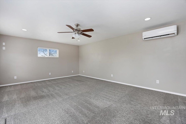 unfurnished room featuring recessed lighting, a wall mounted AC, carpet flooring, ceiling fan, and baseboards