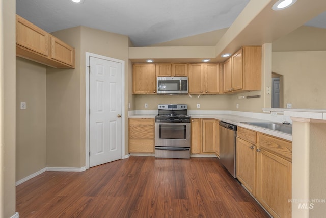 kitchen with dark wood-style flooring, a sink, light countertops, appliances with stainless steel finishes, and vaulted ceiling