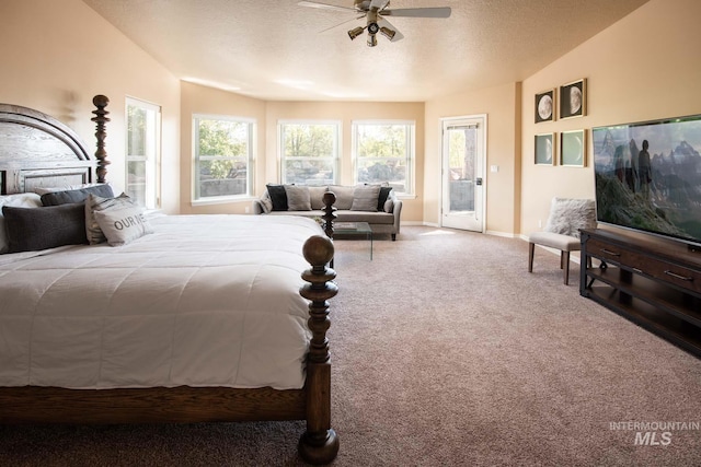 8600 W Brookside Ln, Boise, ID 83714 - bedroom with baseboards, a textured ceiling, a ceiling fan, carpet floors, and access to exterior