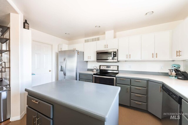 8600 W Brookside Ln, Boise, ID 83714 - kitchen with white cabinetry, appliances with stainless steel finishes, a kitchen island, and gray cabinetry