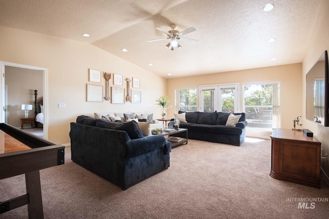 8600 W Brookside Ln, Boise, ID 83714 - carpeted living room with ceiling fan, recessed lighting, vaulted ceiling, and a textured ceiling