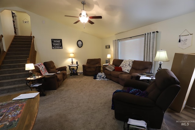 810 Pine St, Filer, ID 83328 - carpeted living room featuring lofted ceiling, a ceiling fan, and stairway
