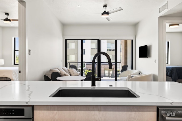 3928 E Haystack St Unit 2-208, Boise, ID 83716 - kitchen featuring open floor plan, stainless steel dishwasher, a sink, light stone counters, and a ceiling fan