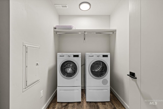 3928 E Haystack St Unit 2-208, Boise, ID 83716 - washroom featuring washing machine and dryer, dark wood finished floors, baseboards, and electric panel