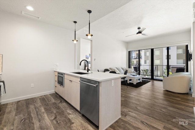 3928 E Haystack St Unit 2-208, Boise, ID 83716 - kitchen with dishwasher, a sink, a peninsula, dark wood finished floors, and open floor plan