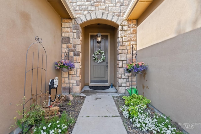 entrance to property with stone siding and stucco siding